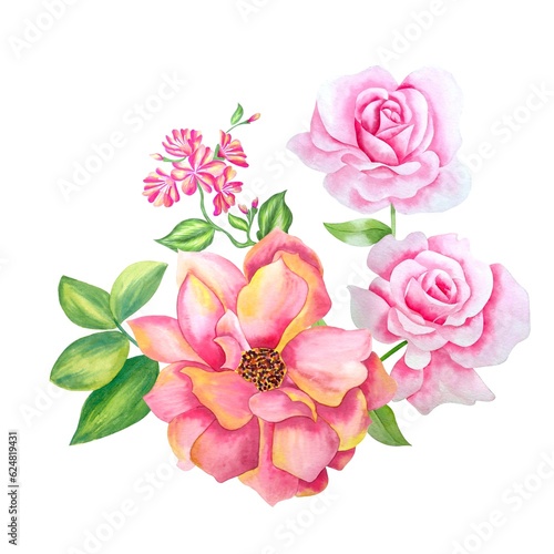 Bouquet and pink flowers, watercolor handmade, white background, isolated, green foliages