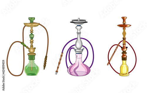 Set of glass and metal Hookah Smoke vector illustration on white background. Bronze, Gold and Silver Kalians.