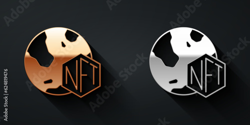 Gold and silver NFT Digital crypto art icon isolated on black background. Non fungible token. Long shadow style. Vector