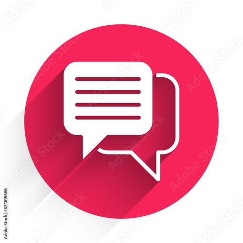 White Speech bubble chat icon isolated with long shadow background. Message icon. Communication or comment chat symbol. Red circle button. Vector