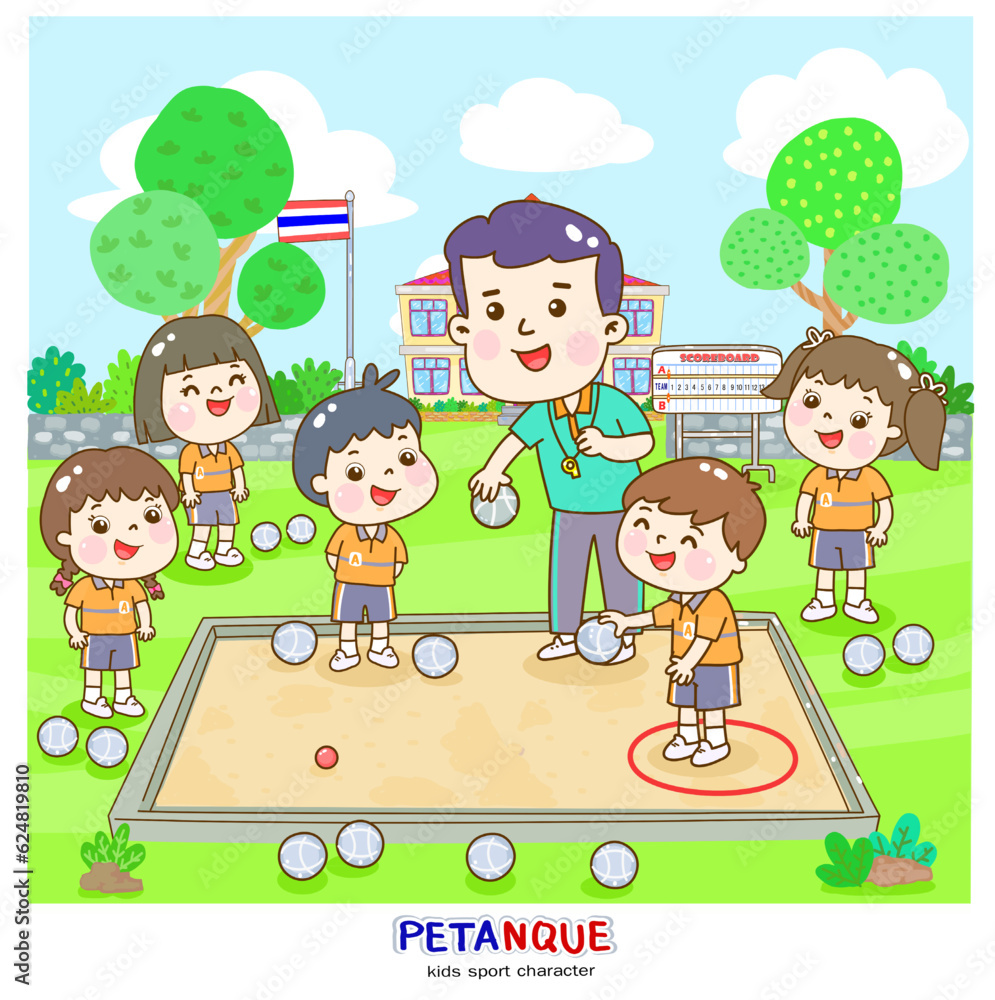 Cartoon kids playing Petanque character.