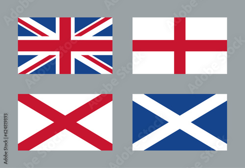 United Kingdom, Ireland, England and Scotland flags.