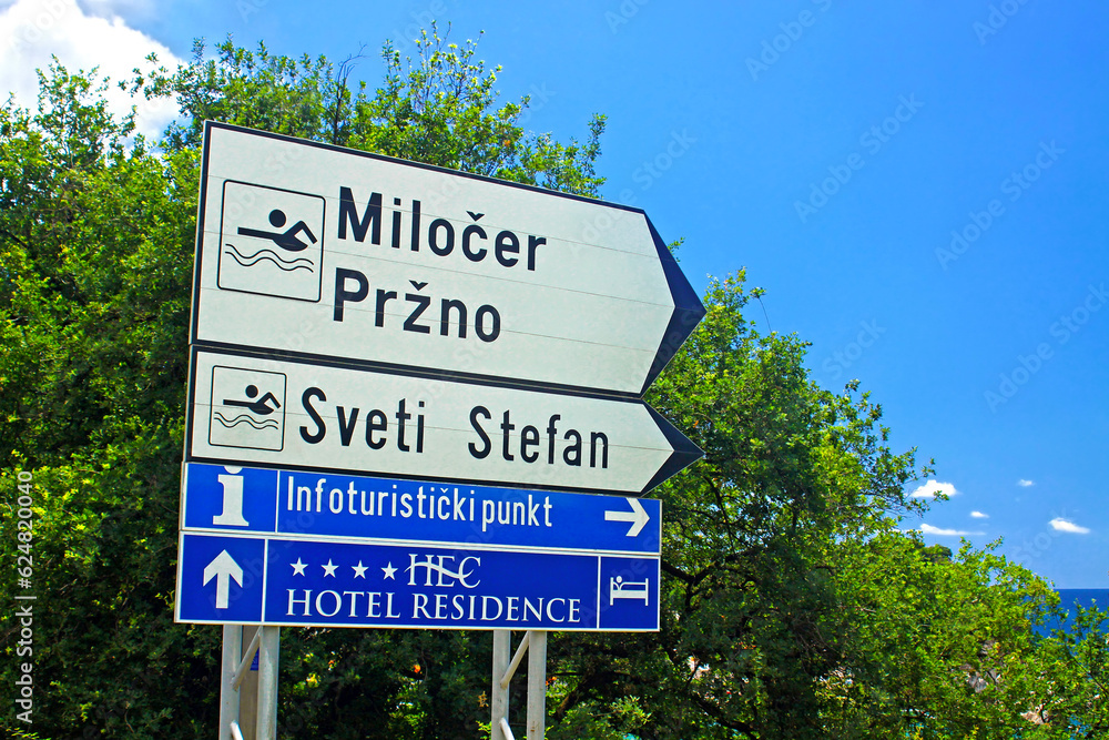 Direction signs to the famous Adriatic resorts Sveti Stefan, Milocer and other, Montenegro
