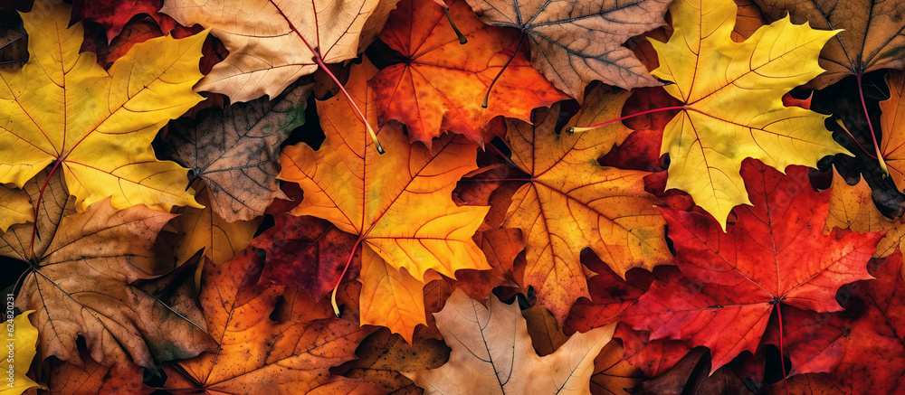Fototapeta premium fallen dry maple leaves in autumn. Generative AI