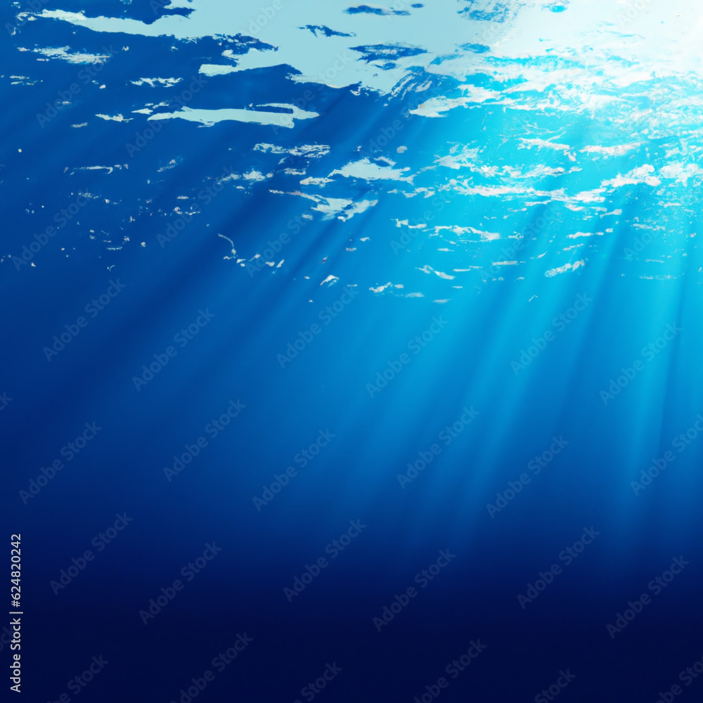 Beautiful blue ocean surface seen from underwater with rays of sunlight shining through. Abstract Fractal waves underwater