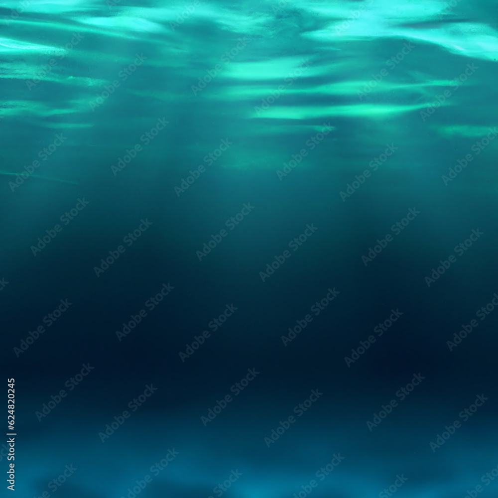 Beautiful blue ocean surface seen from underwater with rays of sunlight shining through. Abstract Fractal waves underwater