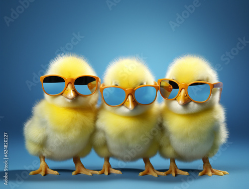Leinwand Poster White poultry chick bird yellow baby small chicken animal farming young sunglass