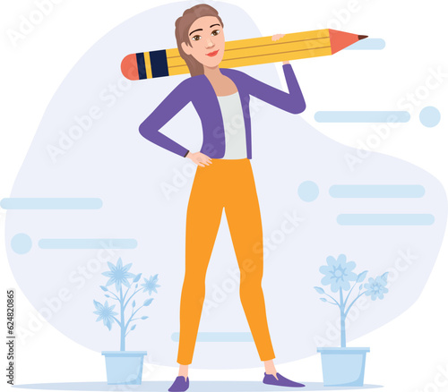 2D Vector Cartoon Woman Carrying Pencil on her Shoulders.