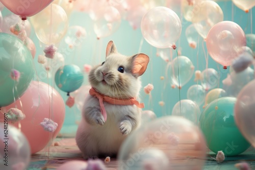 Cute funny small baby mouse celebrating a birthday party. Abstract creative scene with animal and pastel balloons around. Illustration, Generative AI.
