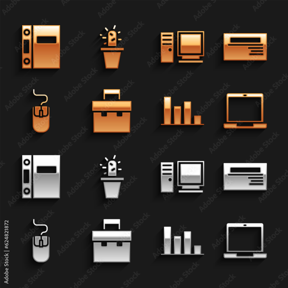 Set Briefcase, Business card, Laptop, Pie chart infographic, Computer mouse, monitor, Office folders and Cactus and succulent pot icon. Vector Set Briefcase, Business card, Laptop, Pie chart infographic, Computer mouse, monitor, Office folders and Cactus and succulent pot icon. Vector