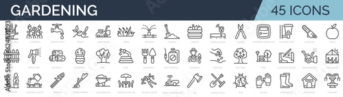 Set of 45 outline icons related to gardening, landscaping, farming. Linear icon collection. Editable stroke. Vector illustration