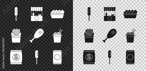 Set Corn dog, Street stall with awning, Chicken nuggets box, Hard bread chucks crackers, Fried sausage, Soda can straw, Potatoes french fries and leg icon. Vector