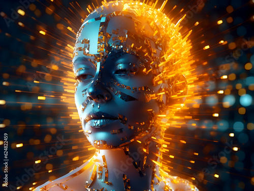 artistic blue woman face spreading golden lights around in the style of realistic beams. Concept of glowing art. 