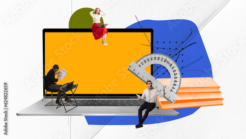 Contemporary art collage. Young people sitting near laptop and tufting. Online lessons. Internet assistance. Concept of online education, modern technologies, freelance job, innovations, ad