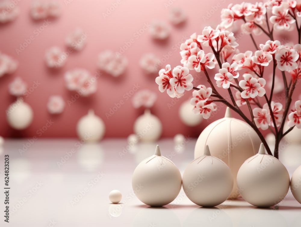 A bunch of white eggs sitting next to a bunch of pink flowers. Generative AI.
