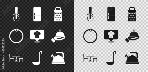 Set Pizza knife, Refrigerator, Grater, Wooden table with chair, Kitchen ladle, Kettle handle, Cutting board and Chef hat location icon. Vector