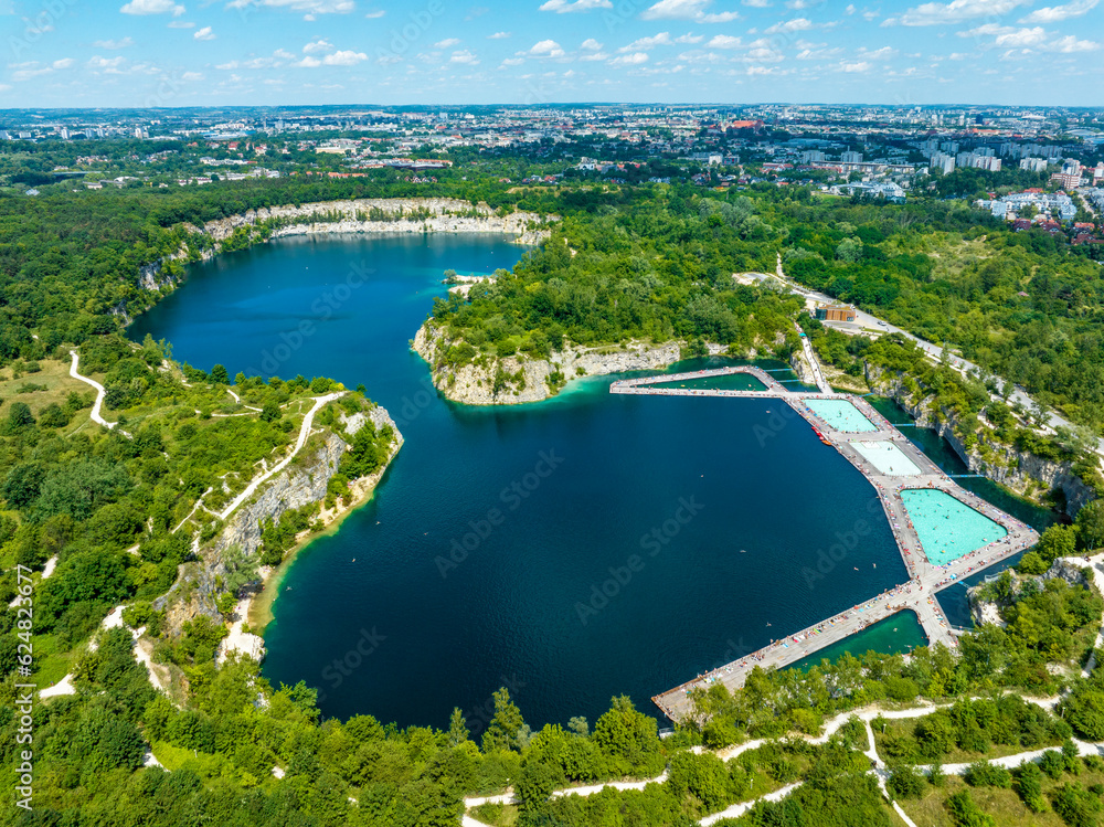 Swimming and paddling pools on Zakrzówek lake. Krakow, Poland