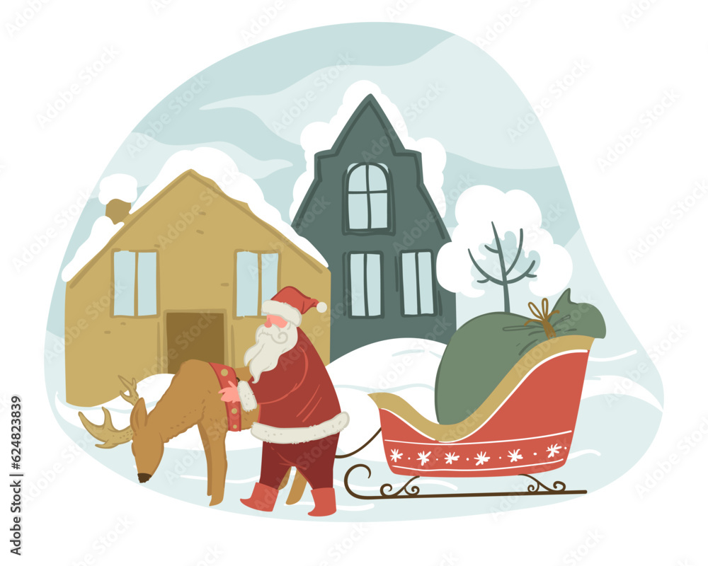 Naklejka premium Santa Claus and reindeer with sled in winter city