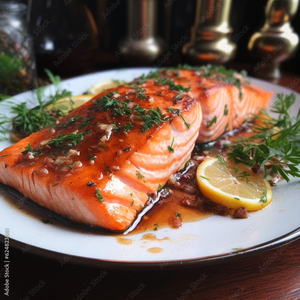 Baked salmon fillet. Generative AI. Baked salmon fillet. Generative AI.