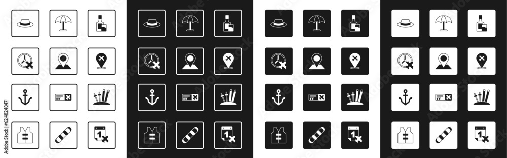 Set Whiskey bottle and glass, Location, Clock with airplane, Man hat ribbon, Plane, Sun protective umbrella, Ski sticks and Anchor icon. Vector Set Whiskey bottle and glass, Location, Clock with airplane, Man hat ribbon, Plane, Sun protective umbrella, Ski sticks and Anchor icon. Vector