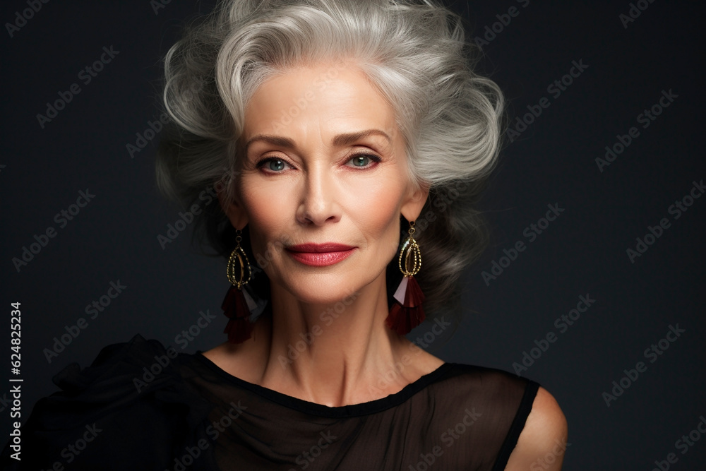 Beauty portrait of gray-haired elegant senior woman in black evening dress on dark background. GEnerative AI