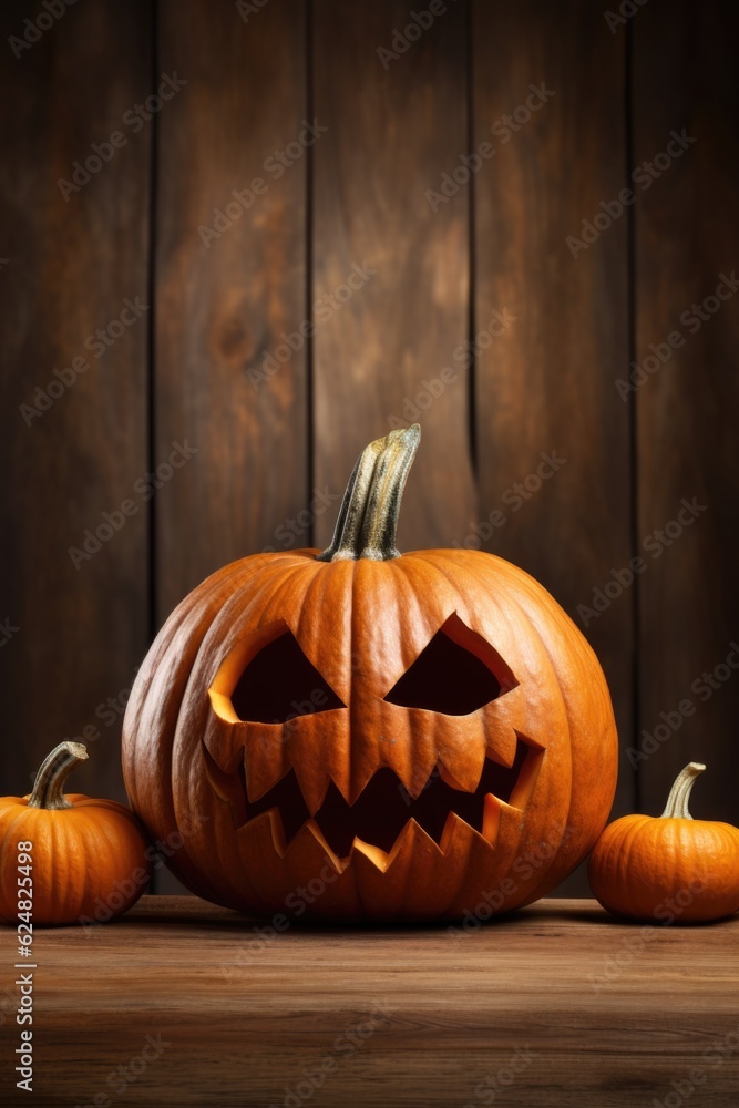 Obraz premium A group of pumpkins sitting on top of a wooden table. Generative AI.