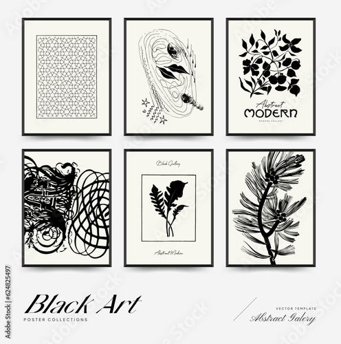 Abstract floral posters template. Modern Botanical trendy black style. Vintage flowers. Ink wall art.