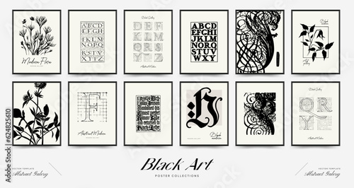 Abstract floral posters template. Modern Botanical trendy black style. Vintage flowers. Ink wall  art.