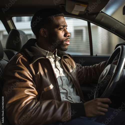 Black man driver in a car. Generative AI. © DALU11