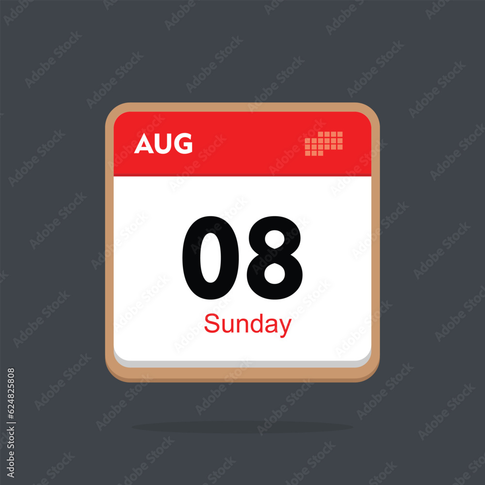 sunday 08 august icon with black background, calender icon