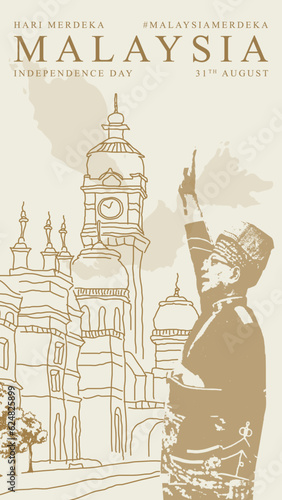 Merdeka Square (Dataran Merdeka) with Tunku Abdul Rahman, Malaysia Independent Day, artwork, print, social media post or post story, vector illustration (Vector)