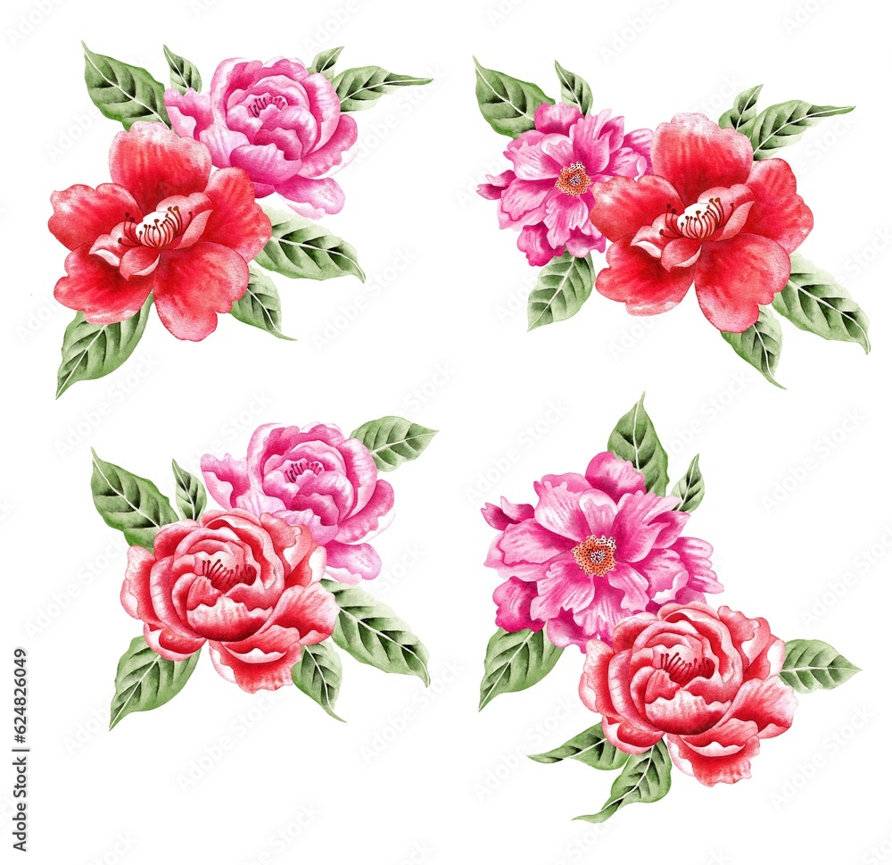 Watercolor Bouquet of flowers, isolated, white background, pink and red roses, green leaves