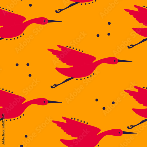 Simple seamless pattern with flying cranes. Vector graphic.
