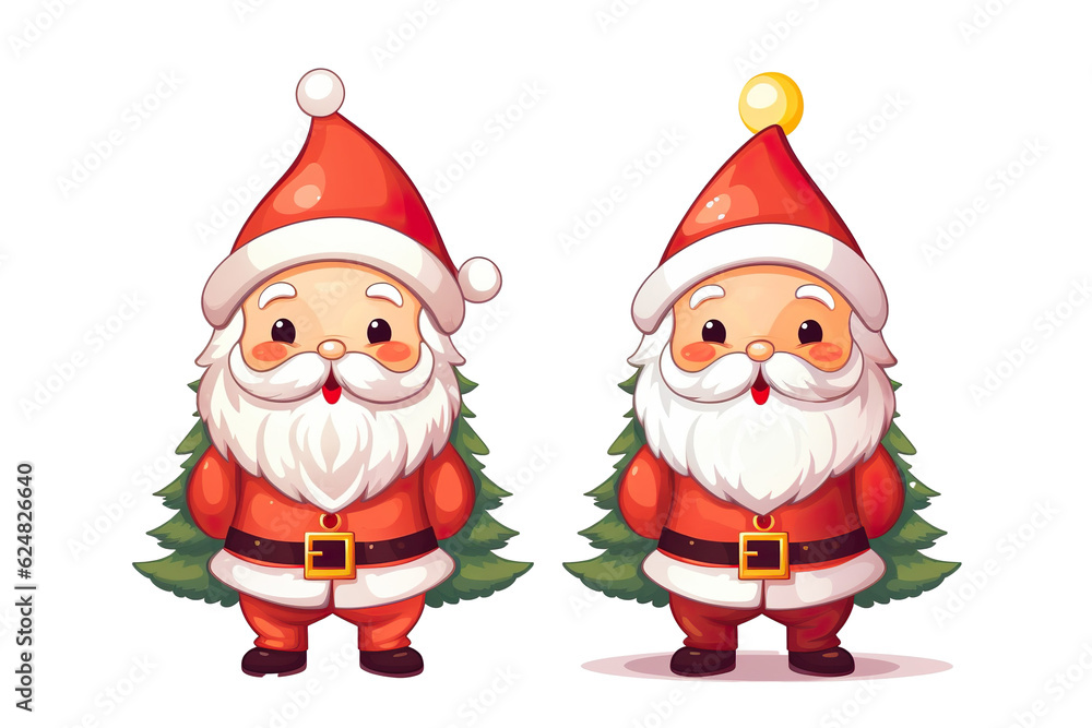 cute santa claus smiling side by side christmas tree, white isolated background,cartoon style PNG cute santa claus smiling side by side christmas tree, white isolated background,cartoon style PNG