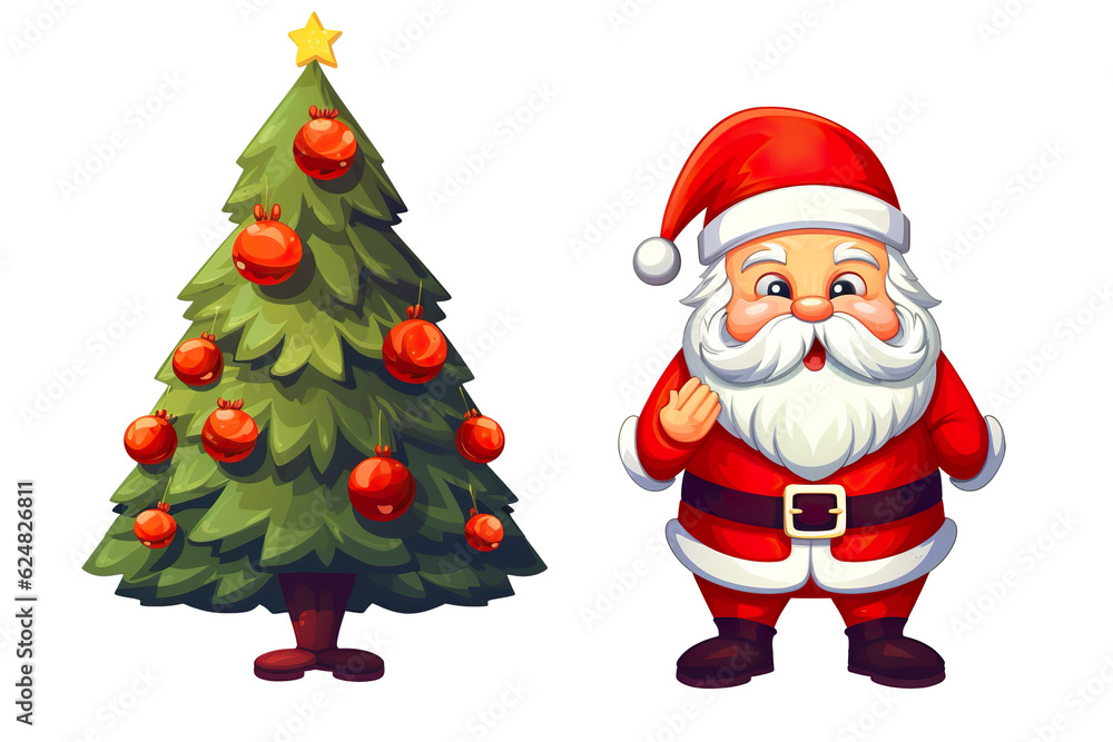 cute santa claus smiling side by side christmas tree, white isolated background,cartoon style PNG cute santa claus smiling side by side christmas tree, white isolated background,cartoon style PNG