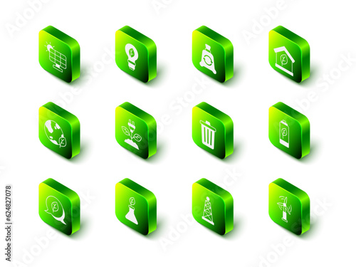 Set Light bulb with leaf, Garbage bag recycle, Eco friendly house, nature battery, Wind turbine, Trash can, Oil rig and Plant breeding icon. Vector