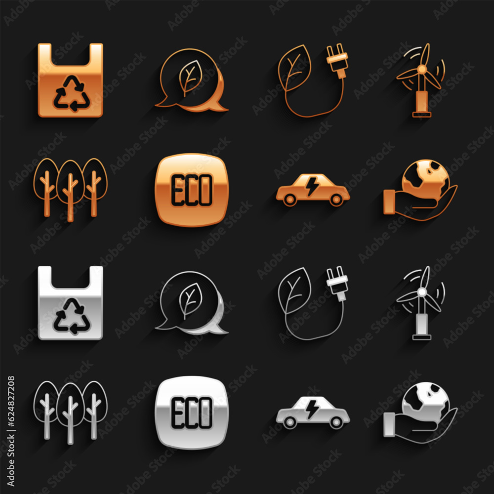 Set Leaf Eco symbol, Wind turbine, Hand holding Earth globe, Electric car, Tree, saving plug leaf, Shopping bag with recycle and icon. Vector Set Leaf Eco symbol, Wind turbine, Hand holding Earth globe, Electric car, Tree, saving plug leaf, Shopping bag with recycle and icon. Vector