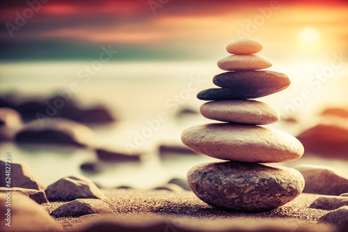 Pebble tower, balance stone on the seaside. Generative AI