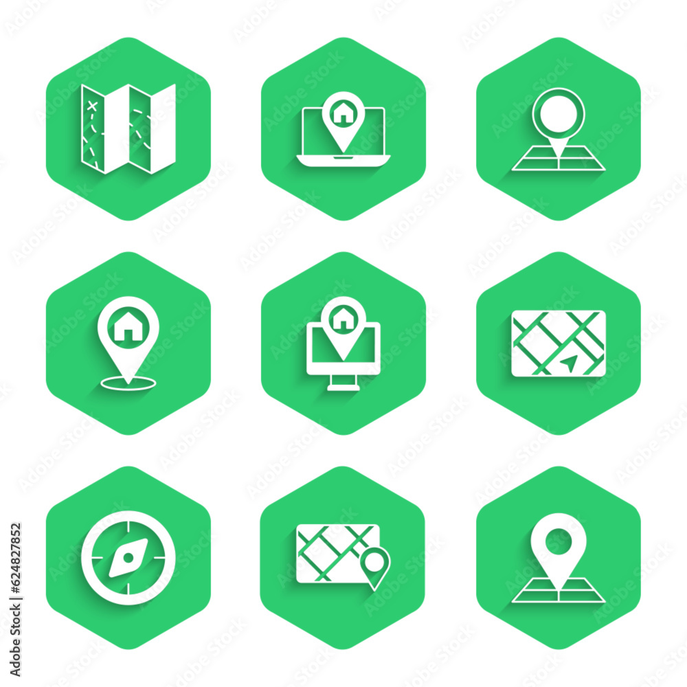 Set Monitor with map location, Gps device, Folded marker, Compass, Location house, and icon. Vector Set Monitor with map location, Gps device, Folded marker, Compass, Location house, and icon. Vector