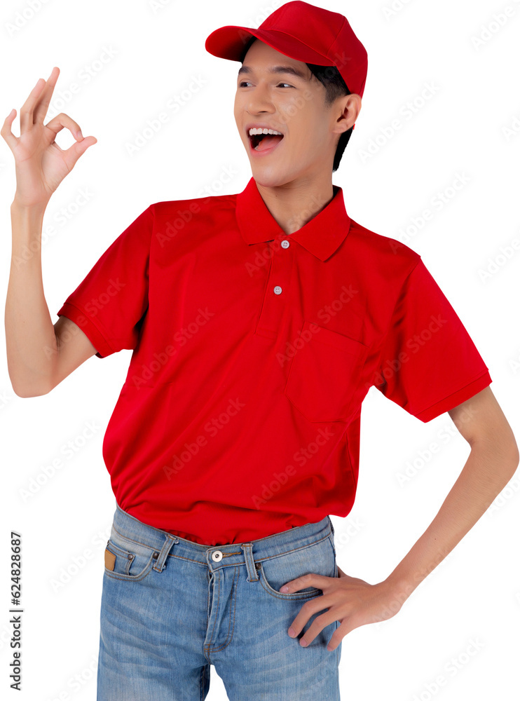 Portrait young asian man in uniform standing and smile with confident gesture ok, employee or dealer, courier and delivery, deliveryman and expression, logistic and cargo. Portrait young asian man in uniform standing and smile with confident gesture ok, employee or dealer, courier and delivery, deliveryman and expression, logistic and cargo.