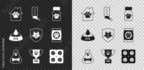 Set Pet house, Drinker for small pets, Medicine bottle and pills, Dog collar with bone, award symbol, food bowl cat dog and Animal health insurance icon. Vector