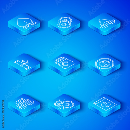 Set line Sushi on cutting board, Jar of honey, Chinese Yuan currency, Yin Yang, Bamboo, Peach fruit and and envelope icon. Vector