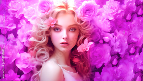 Portrait of beautiful teen girl model with purple pink flowers. Bright summer colors. Concept of environmental friendliness and naturalness of cosmetic products. Generative AI