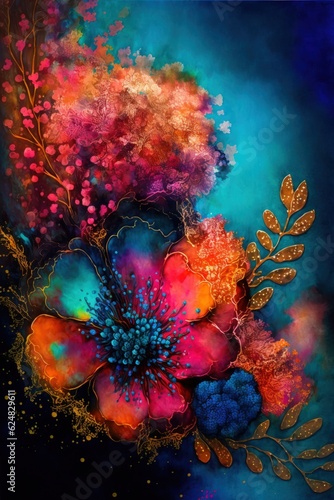 Abstract vibrant pointillism alcohol ink painting glowing digital artwork. Colourful pointillism flowers alcohol ink. Vivid illustration background, watercolor for interior design