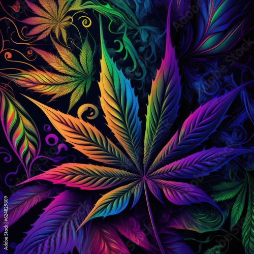 Abstract surreal digital painting illustration. Vibrant colourful cannabis artwork. Modern psychedelic minimal. Futuristic background for interior design  textile fabric  poster  wallpaper