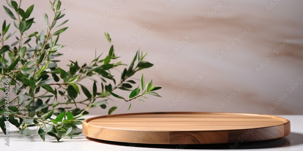Wooden round tray podium with blurry leaves shadow on green background. Product display background concept Wooden round tray podium with blurry leaves shadow on green background. Product display background concept