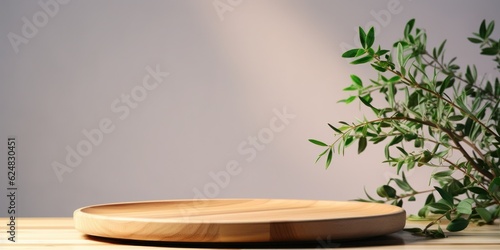 Wooden round tray podium with blurry leaves shadow on green background. Product display background concept