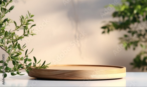 Wooden round tray podium with blurry leaves shadow on green background. Product display background concept