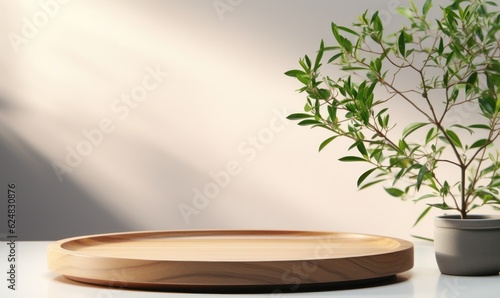 Wooden round tray podium with blurry leaves shadow on green background. Product display background concept