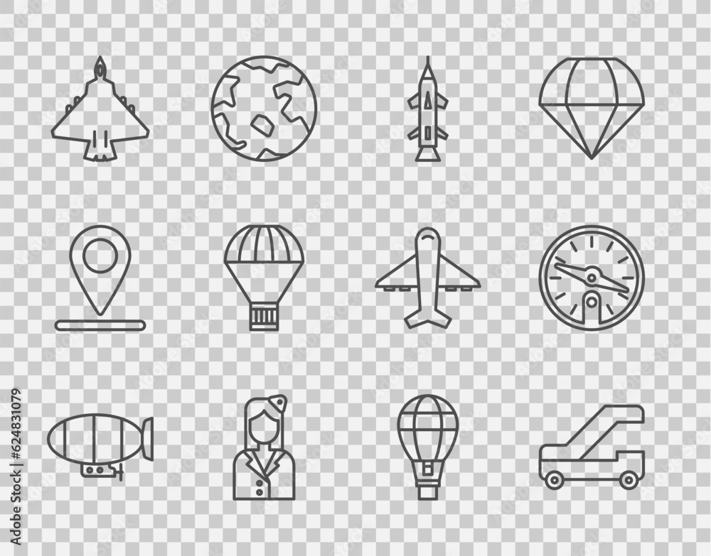 Fototapeta premium Set line Airship, Passenger ladder for plane boarding, Rocket, Stewardess, Jet fighter, Box flying on parachute, Hot air balloon and Compass icon. Vector